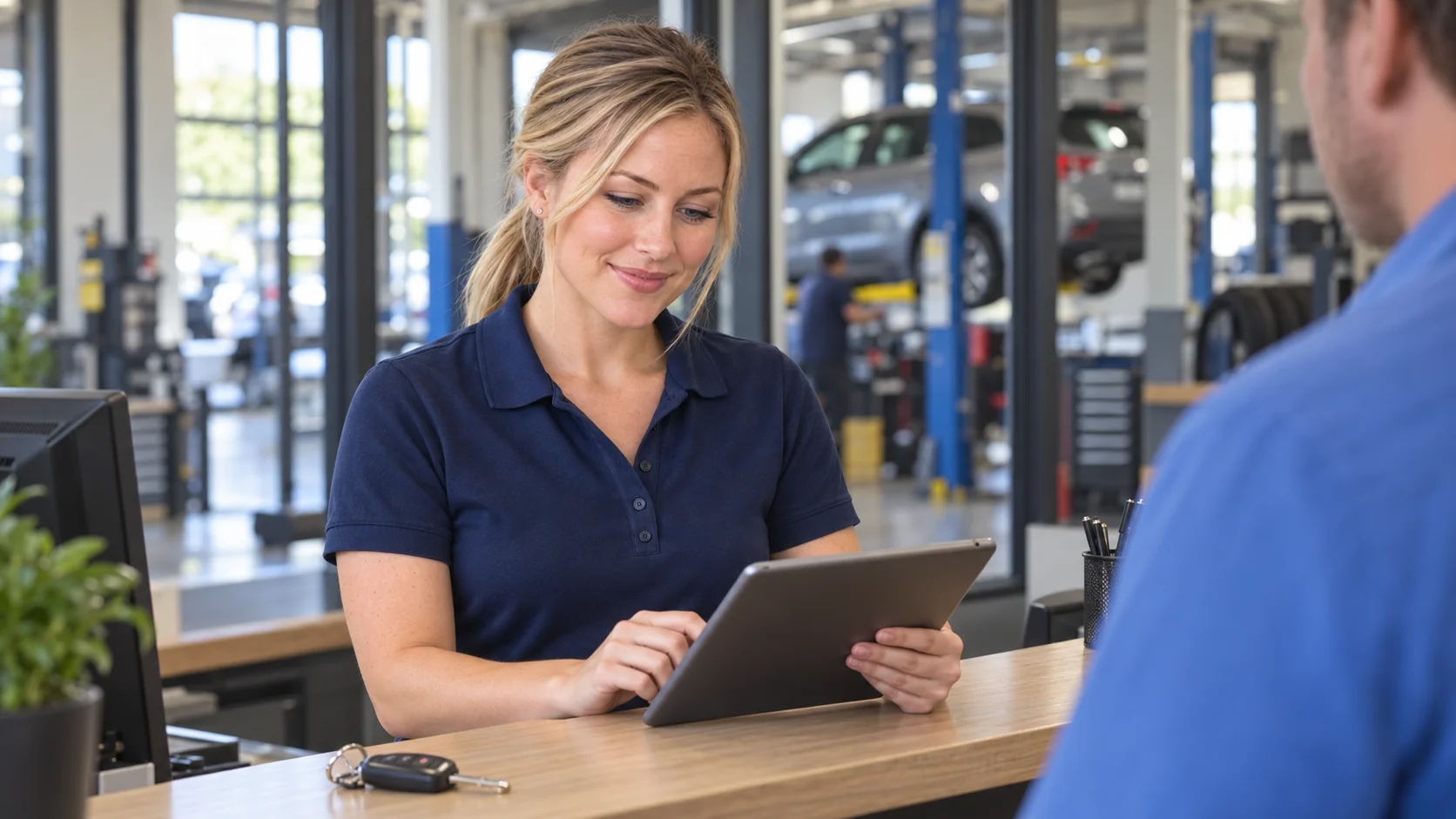 Service advisor Olivia reviews the visit on an iPad at the check-in counter with a customer.