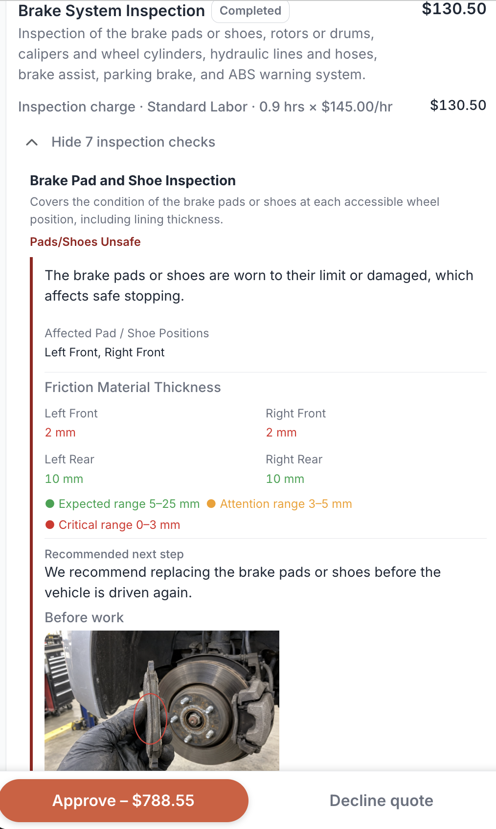 Customer-facing brake-service quote showing a completed 130 dollar and 50 cent inspection, unsafe brake-pad findings, 2 millimeter front and 10 millimeter rear measurements, reference ranges, a replacement recommendation, an annotated photo and an Approve 788 dollars and 55 cents action.