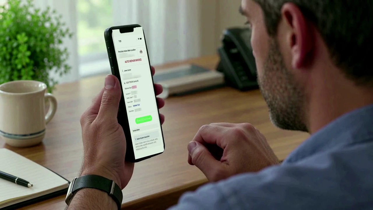 James holds an iPhone showing the repair invoice, payment due and green Pay in Full by Card button.