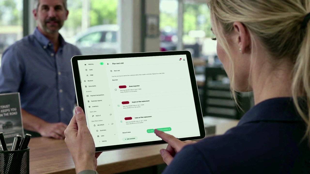 Olivia reviews her iPad at the shop counter while preparing the next service reminder.