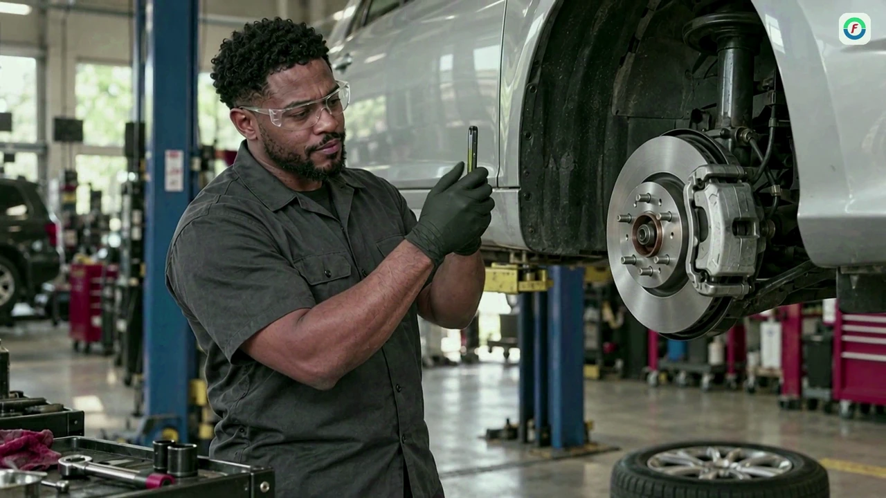 Marcus photographs the new brake rotor with his phone to capture proof of repair.
